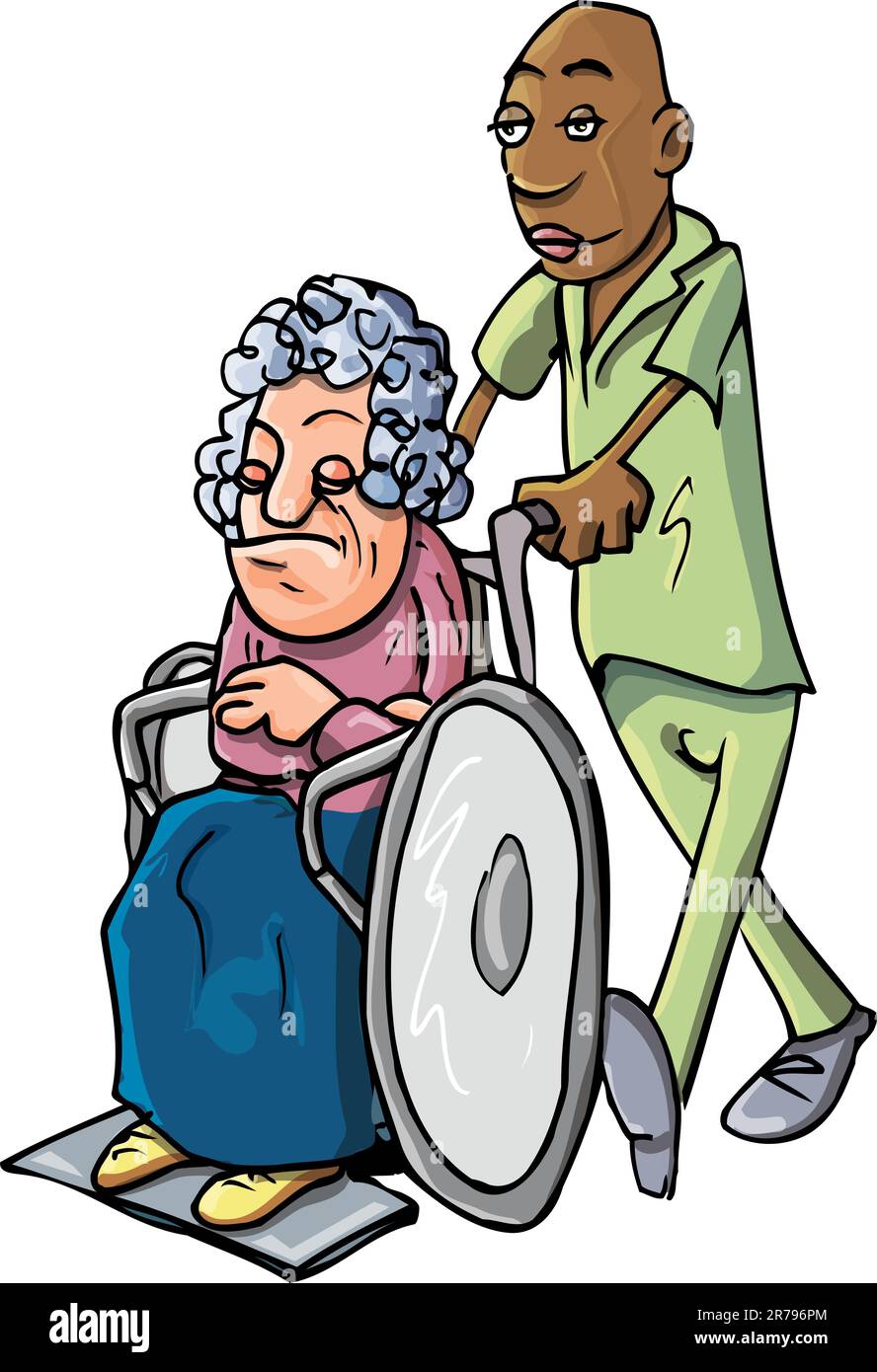 Dessin animé d'un ordre noir poussant une vieille dame dans un fauteuil roulant Illustration de Vecteur