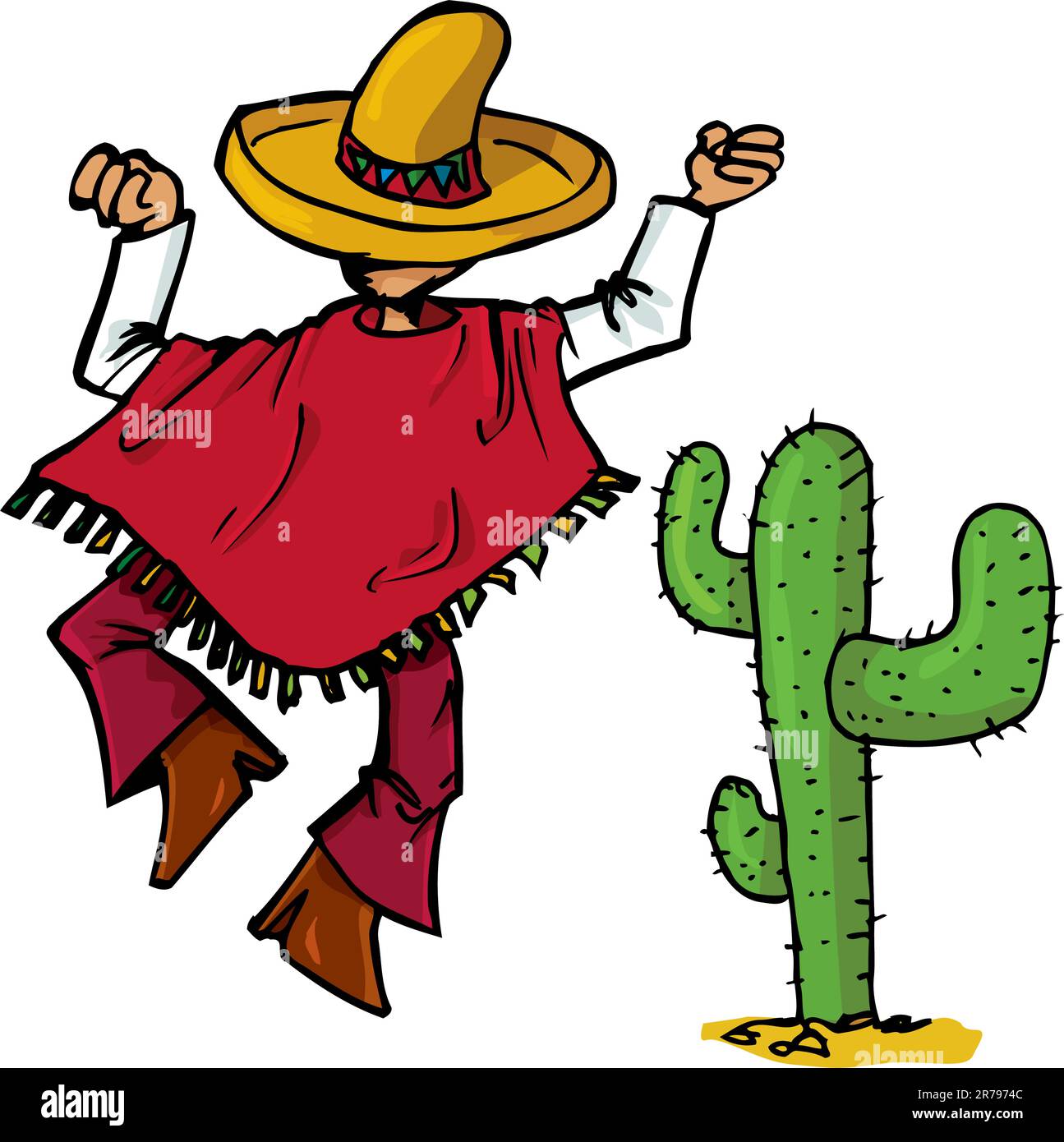 Caricature mexicaine portant un énorme sombrero isolé un blanc Illustration de Vecteur