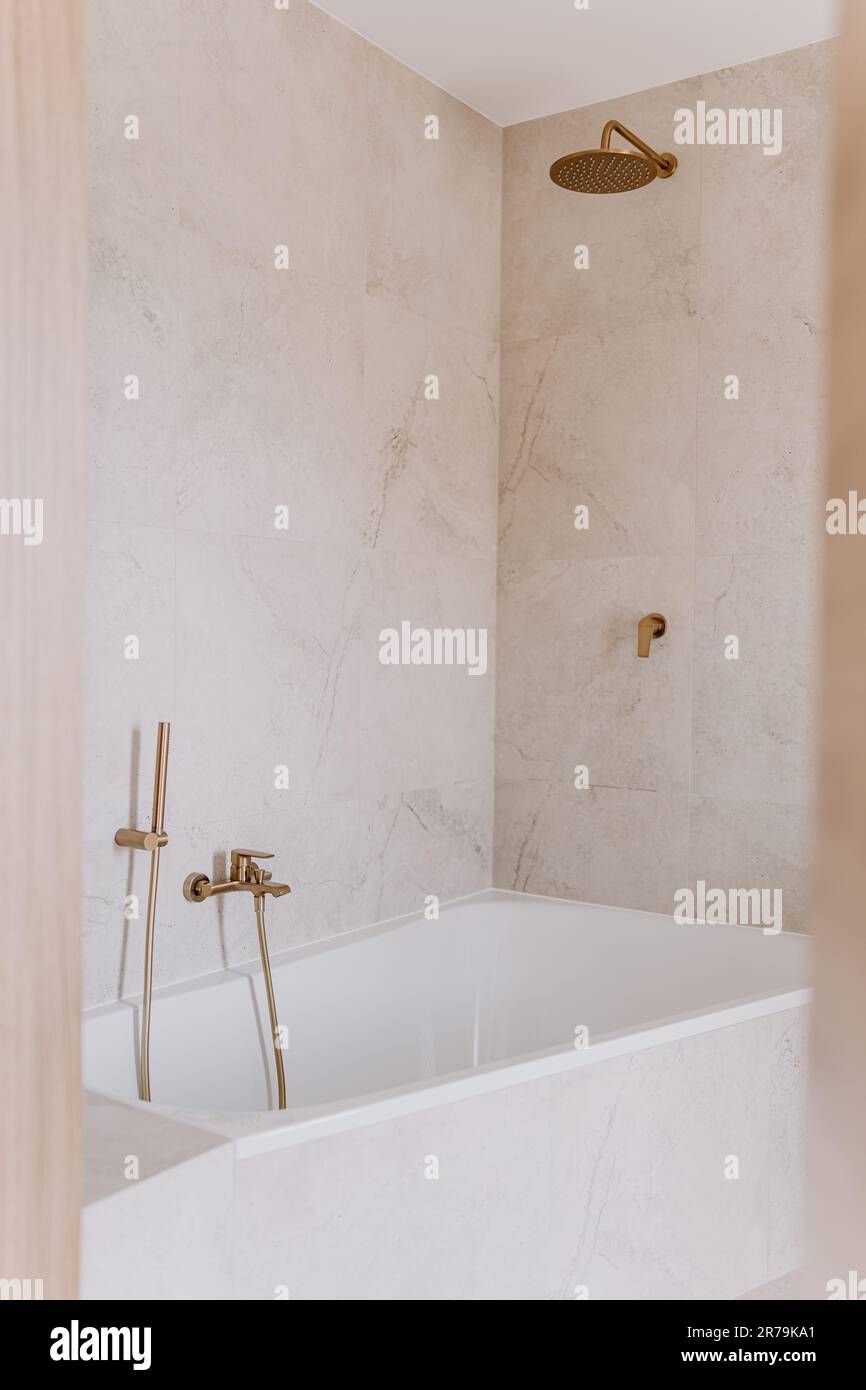 Vue intérieure d'une salle de bains moderne dotée d'une grande baignoire dans le centre Banque D'Images