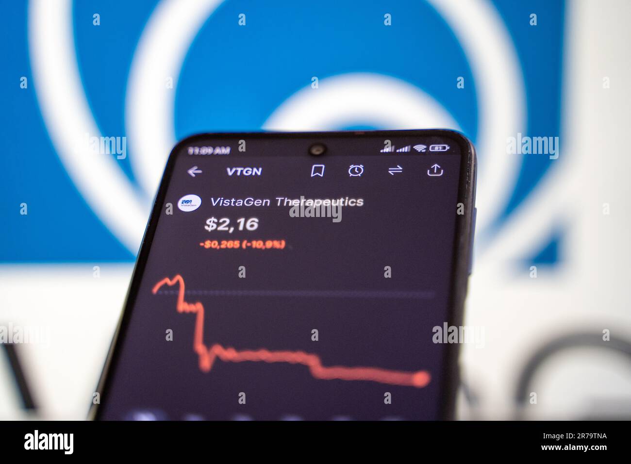 Graphique boursier de la société VistaGen Therapeutics sur écran de smartphone. Banque D'Images