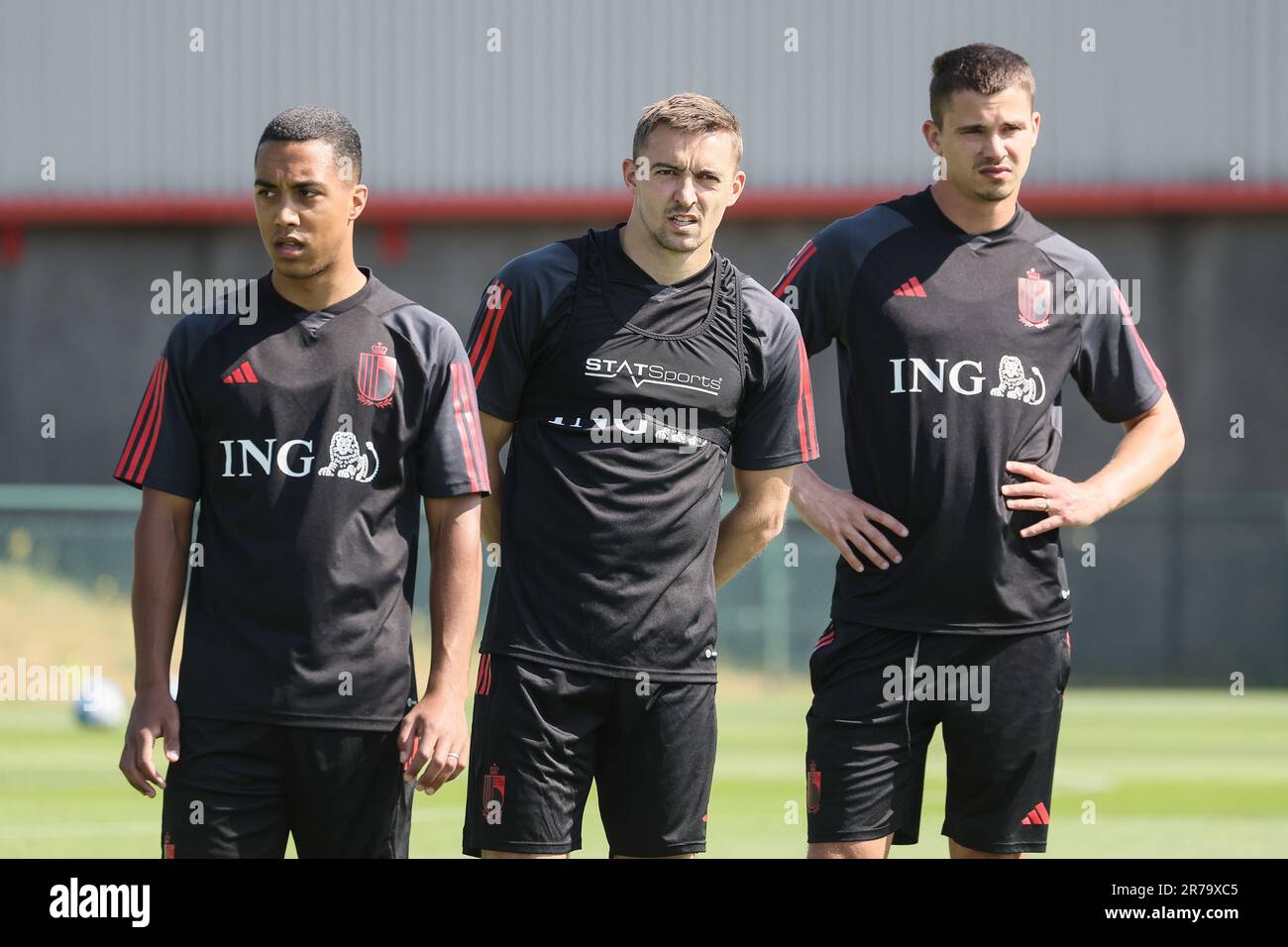 Tubize, Belgique. 14th juin 2023. Youri Tielemans, Timothy Castagne de Belgique et Leander Dendoncker photographiés lors d'une session d'entraînement de l'équipe nationale belge de football Red Devils, mercredi 14 juin 2023, au siège de la Royal Belgian football Association RBFA à Tubize, en préparation des matchs contre l'Autriche et l'Estonie plus tard ce mois. BELGA PHOTO BRUNO FAHY crédit: Belga News Agency/Alay Live News Banque D'Images