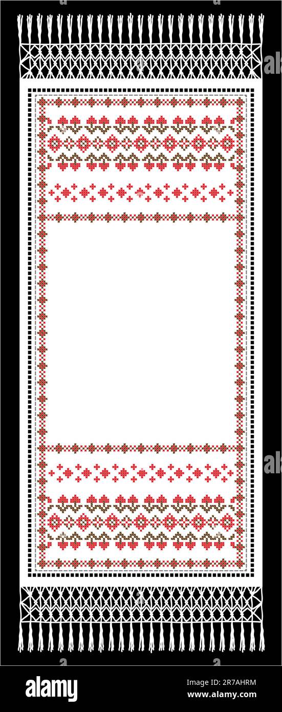 ancienne serviette traditionnelle brodée avec une croix de fil rouge et brun sur tissu blanc avec frange blanche Illustration de Vecteur