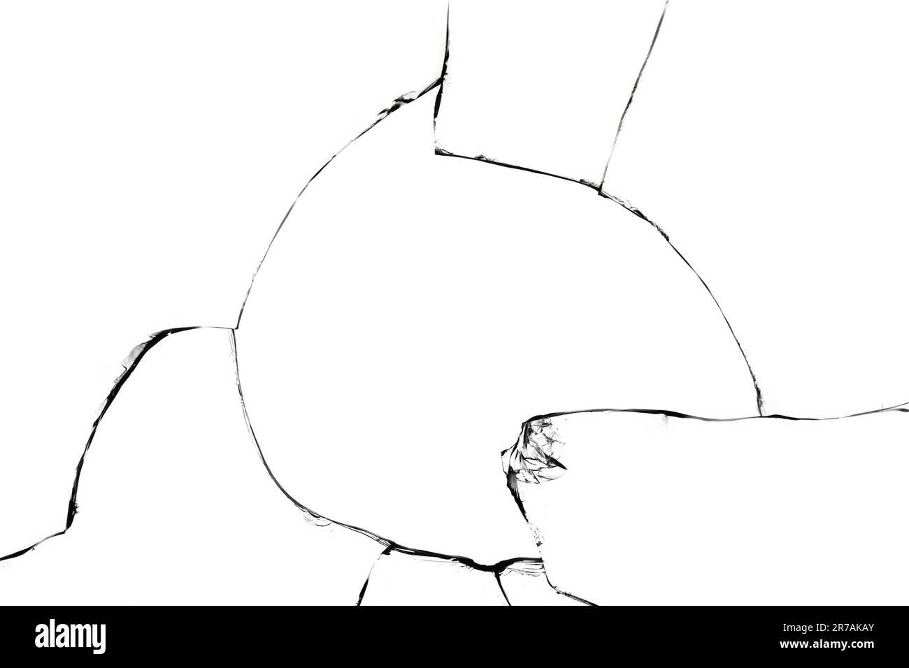 Texture de fissures de verre cassé sur fond blanc. Banque D'Images