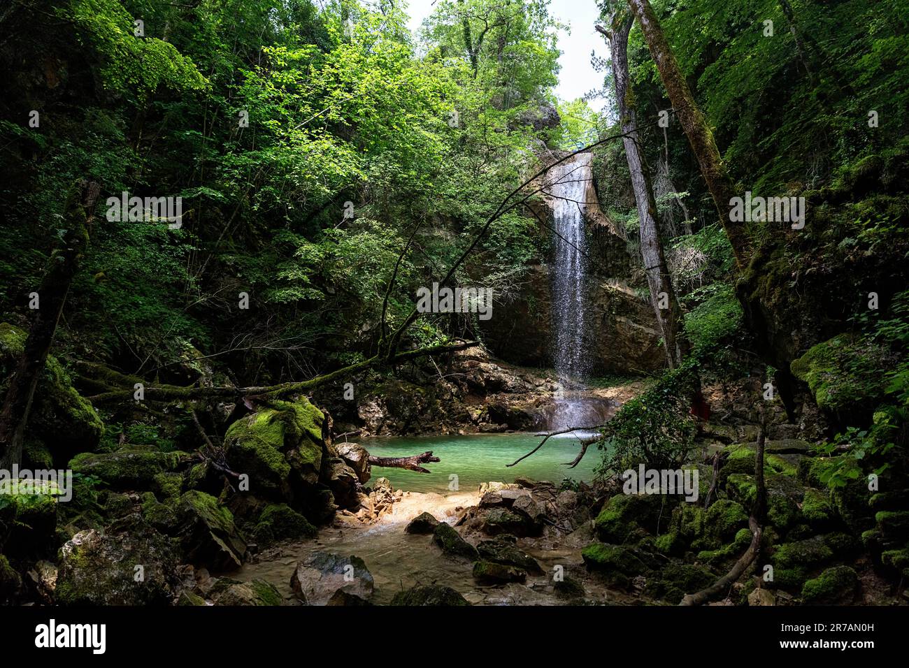 Belle et pittoresque chute d'eau de Butori entourée d'une végétation luxuriante avec petit lac turquoise au fond de l'abîme, Motovun, Croatie Banque D'Images
