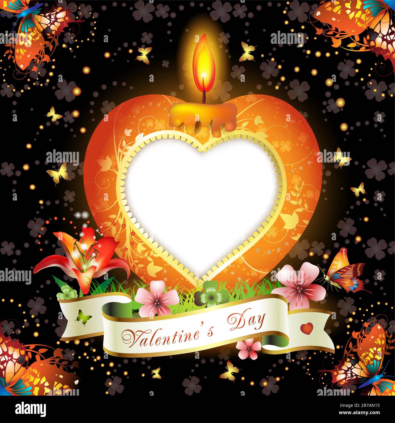 Carte de Saint-Valentin. Bougie élégante rouge en forme de coeur, décorations dorées, fleurs, ruban et espace pour le texte Illustration de Vecteur