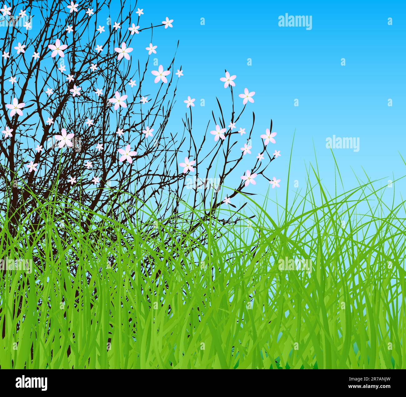 arbre vectoriel avec fleur au champ vert de printemps et ciel bleu Illustration de Vecteur