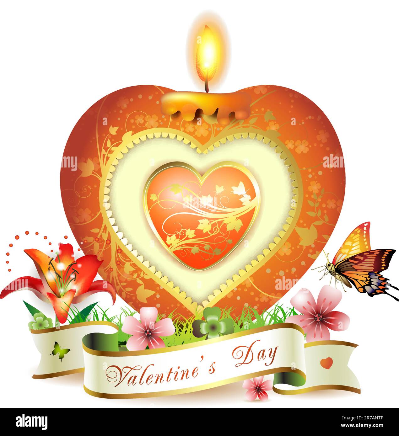 Carte de Saint-Valentin. Bougie élégante rouge en forme de coeur, décorations dorées, fleurs et ruban Illustration de Vecteur