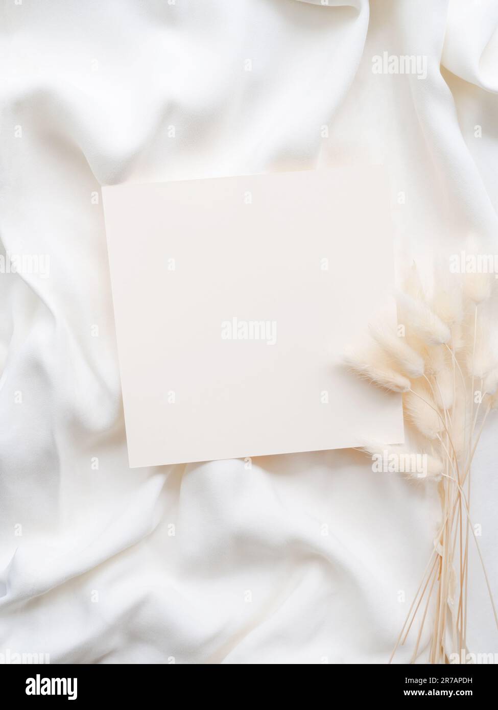 Maquette de feuille de papier blanc vierge, enveloppe et branche florale sèche sur fond textile blanc neutre. Modèle d'invitation de mariage esthétique minimaliste Banque D'Images