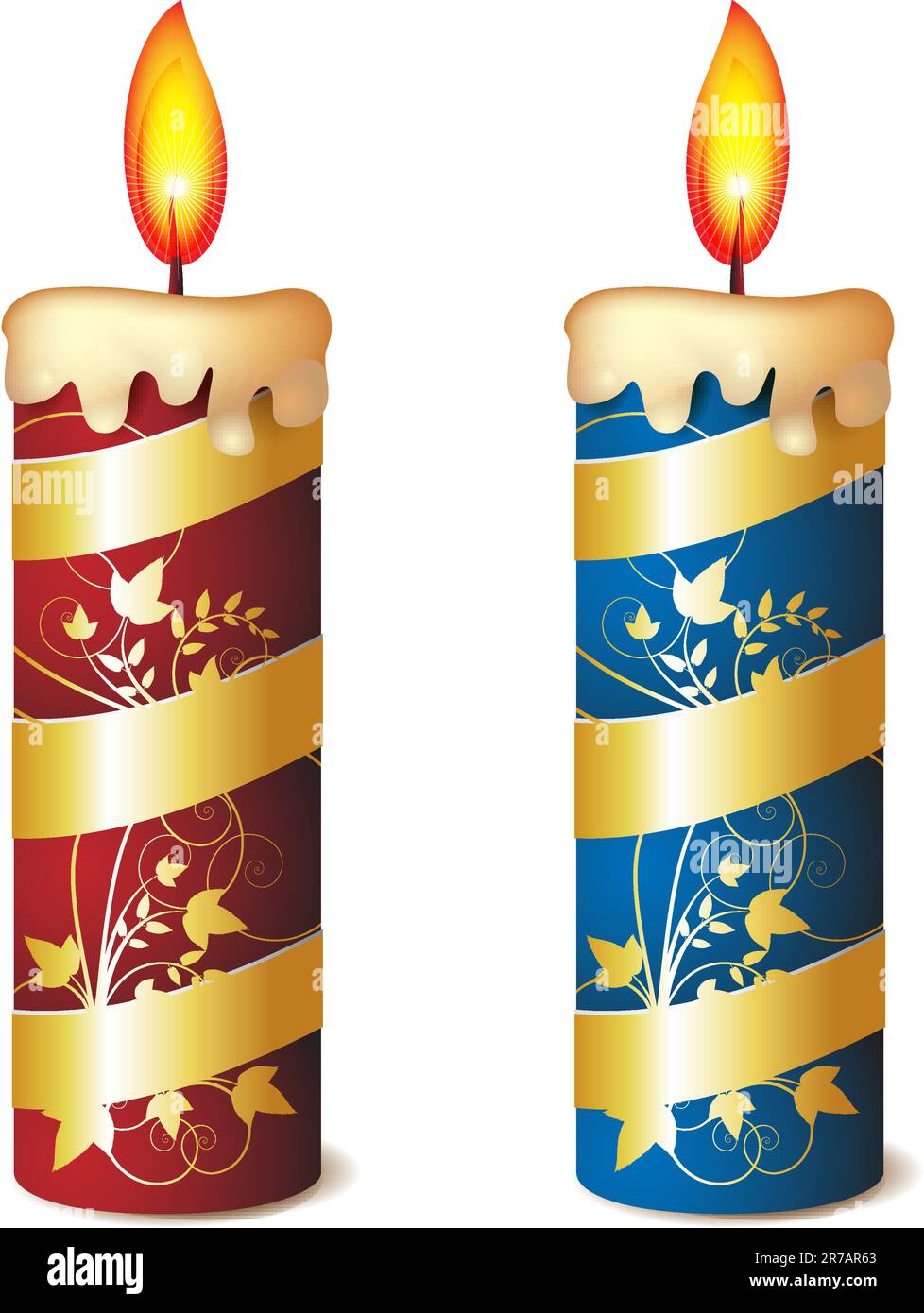 Deux élégantes bougies rouges et bleues décorées de ruban doré Illustration de Vecteur
