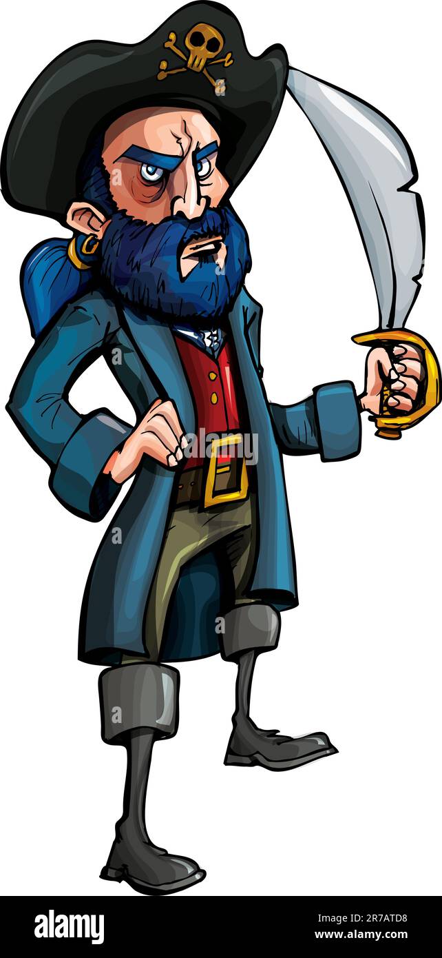Pirate de dessin animé avec une épée isolée sur blanc Illustration de Vecteur