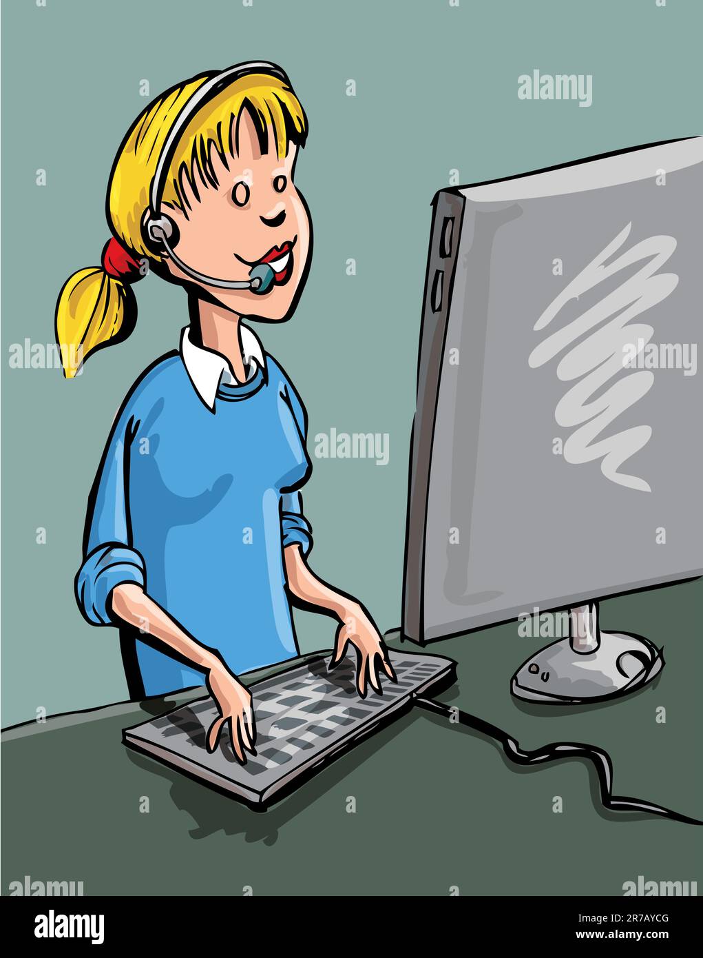 Un centre d'appel au travailleur qu'il. Elle a un écran d'ordinateur a l'avant de son casque et a et le porte-parole Illustration de Vecteur