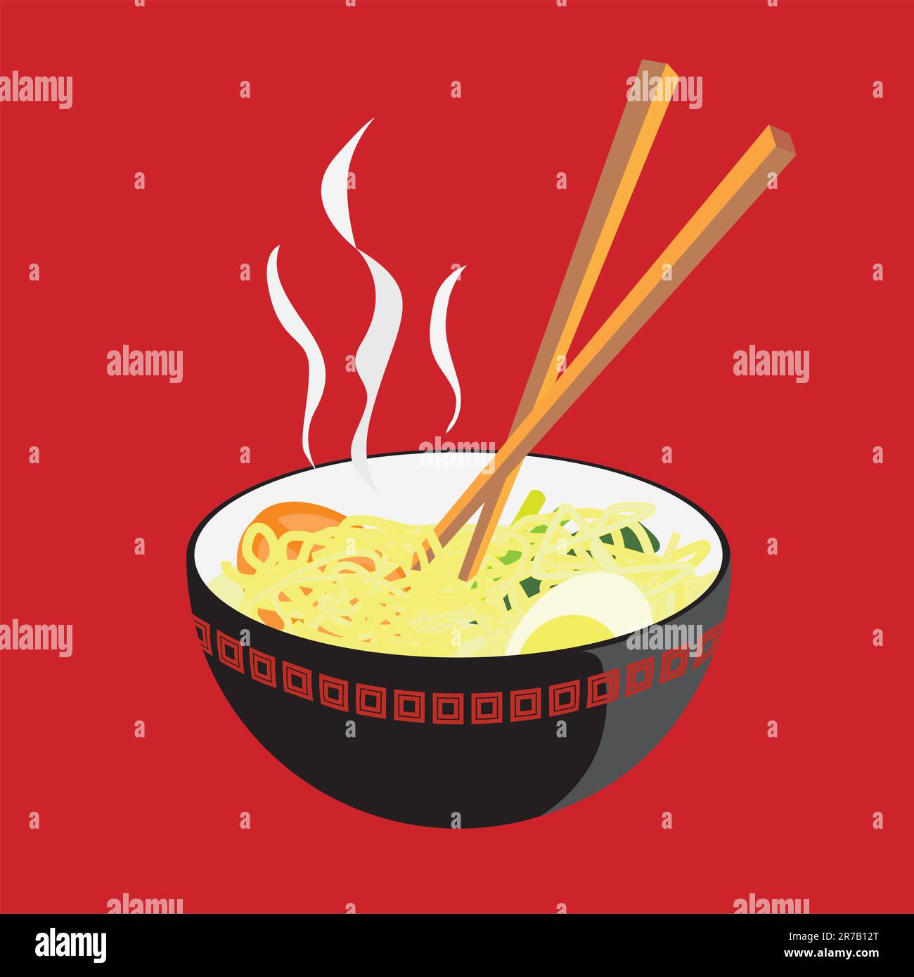 Une illustration vectorielle d'un bol de nouilles chaudes, avec quelques tranches de tomate, un œuf et quelques verts de moutarde… Hmmm… Délicieux ! Illustration de Vecteur