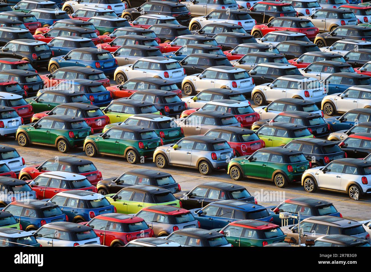 Mini voitures alignées pour l'exportation sur le quai du port de Southampton. Banque D'Images