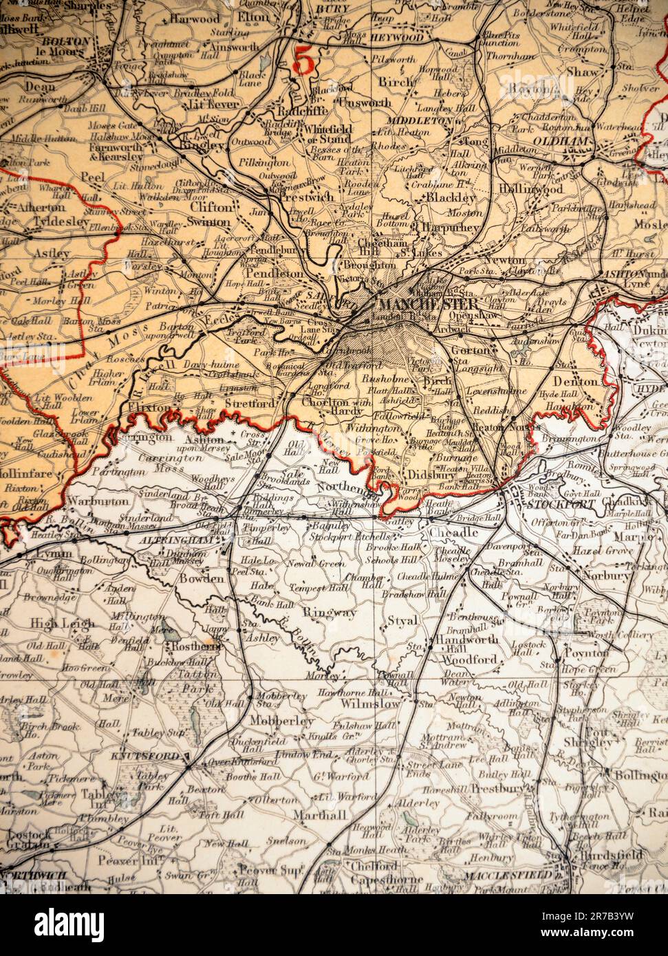 Détail d'une carte de 1868 du Comté Palatin de Lancaster, ainsi Lancashire comme il l'était alors, de l'Ordnance Survey par J. Bartholomew F.G.R.S.; cette section incluant Bolton, Oldham et Heywood, Elton, Bury, Manchester. Au sud de la section du Lancashire dans la région du Cheshire teinté crème sont Stockport, Altrincham, Wimslow, Knutsford, Mobberley, Poynton, Cheadle, Ringway, Styal. Banque D'Images