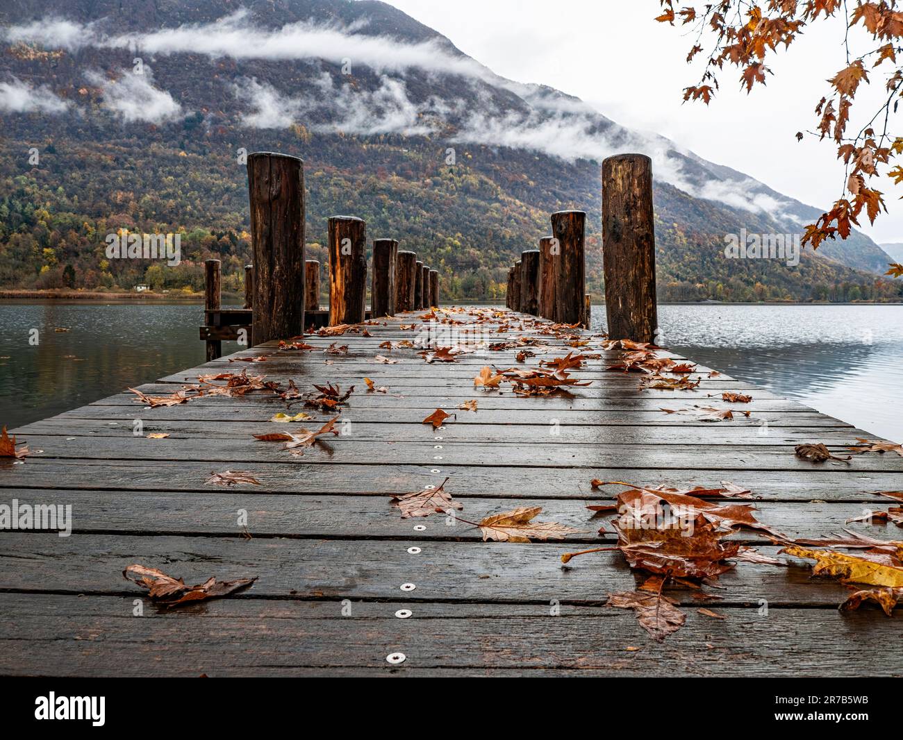 Jetée en bois sur le lac Piano en automne Banque D'Images