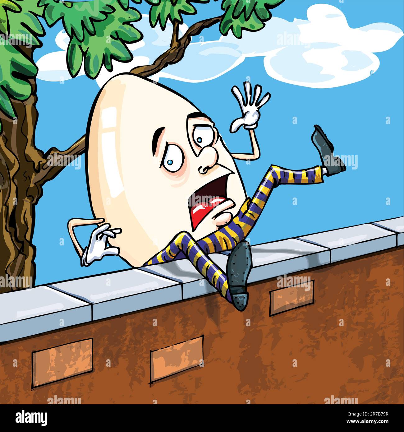 Humpty dumpty tombe du mur avec le ciel et les nuages derrière Illustration de Vecteur