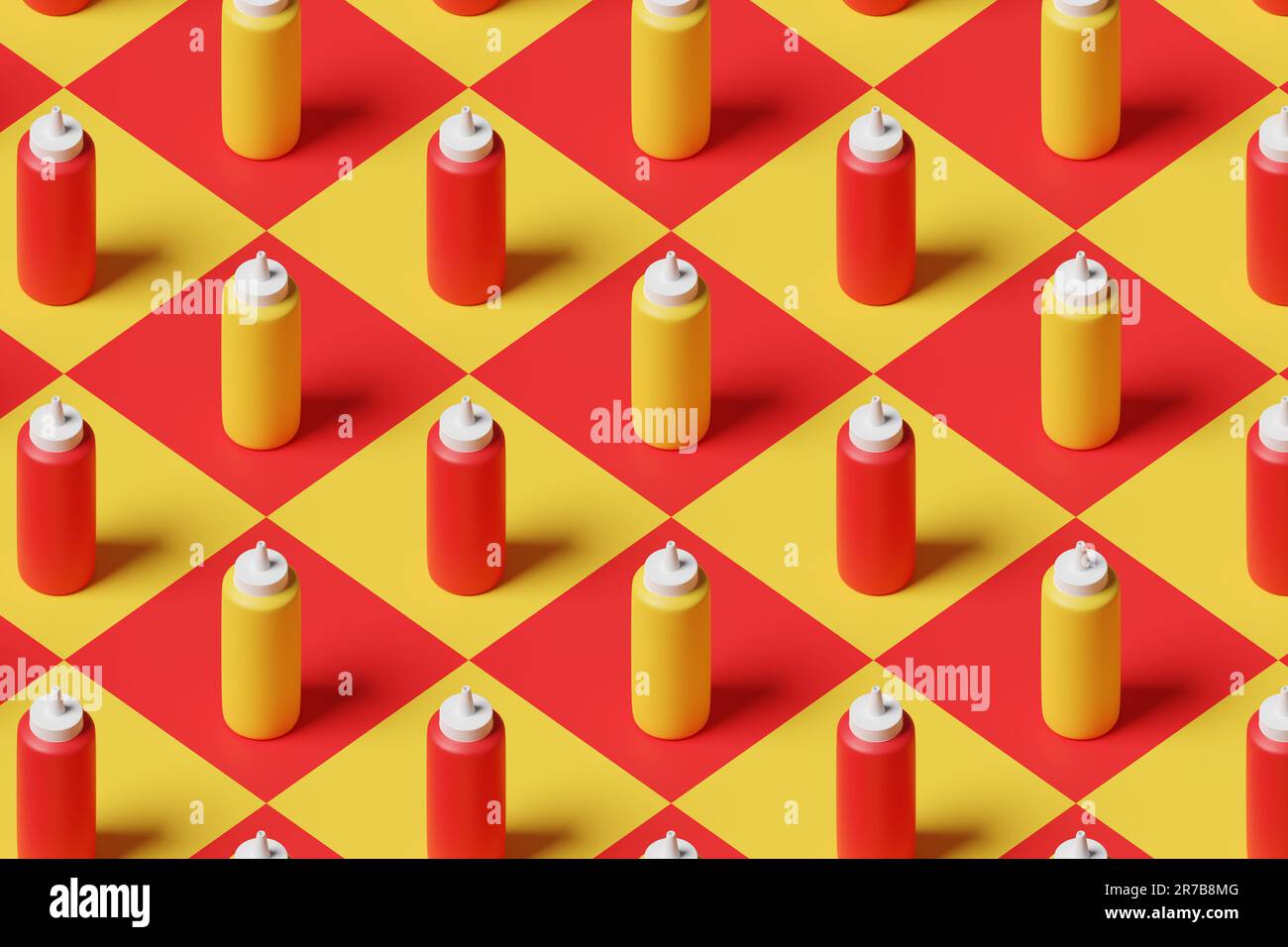 Bouteilles de sauce de ketchup et moutarde placées dans ses couleurs complémentaires sur damier rouge et jaune. Concept de sauce fast-food et condiments Banque D'Images