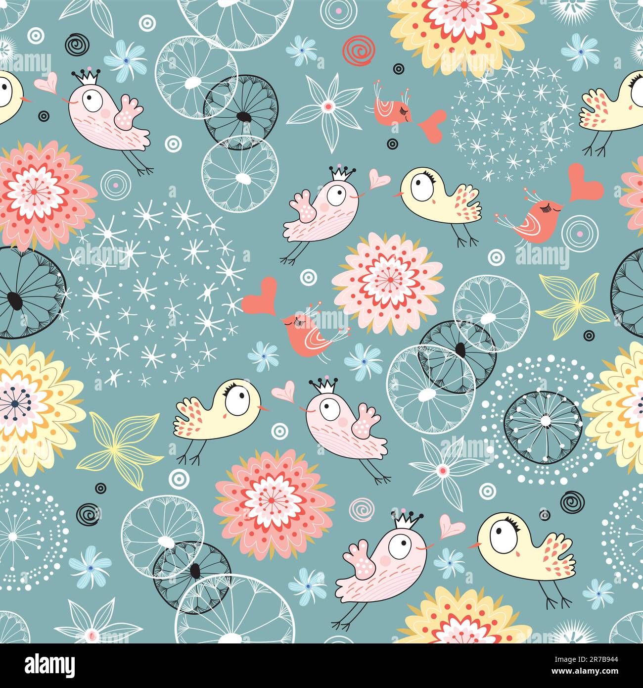 motif fleuri sans couture vif avec un oiseau passionné sur fond vert Illustration de Vecteur