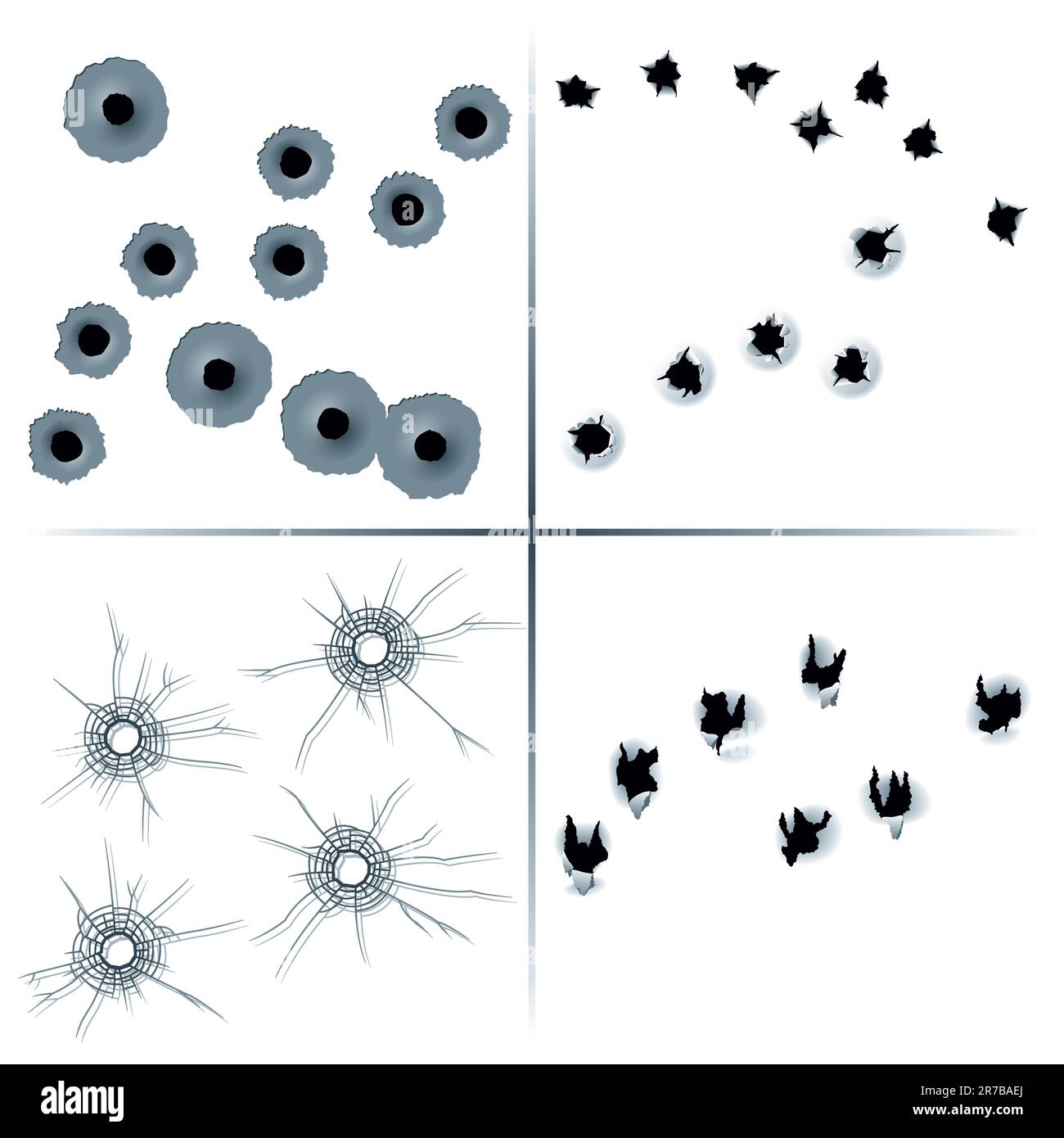 Jeu de trous de balle d'entrée et de sortie sur les couleurs métal, papier, verre et tissu. Illustration vectorielle Illustration de Vecteur