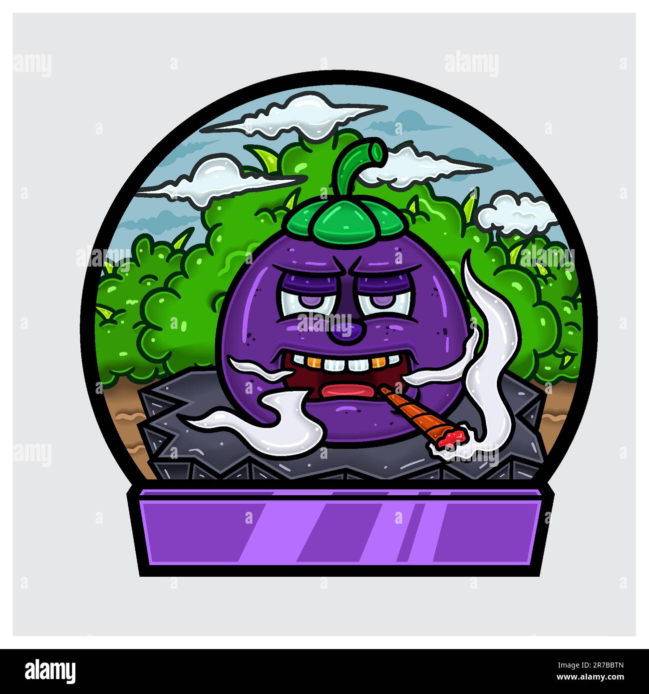 Caricature mascotte de personnage de Mangosteen faire fumer dans la jungle. Logo de signe et de cercle vierge. Vecteurs et illustrations. Illustration de Vecteur