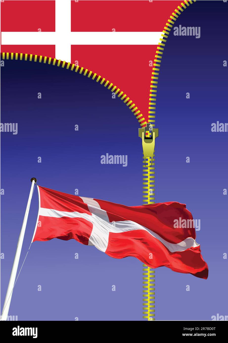 Ouvrir la fermeture éclair du drapeau danois. Pavillon du Danemark. Illustration de Vecteur