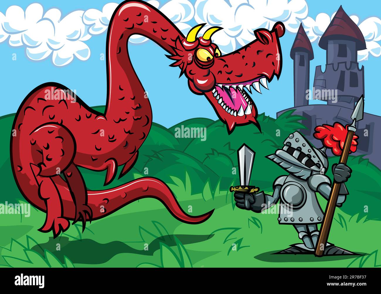 Chevalier de dessin animé faisant face à un gros dragon rouge. Un château à l'arrière-sol Illustration de Vecteur