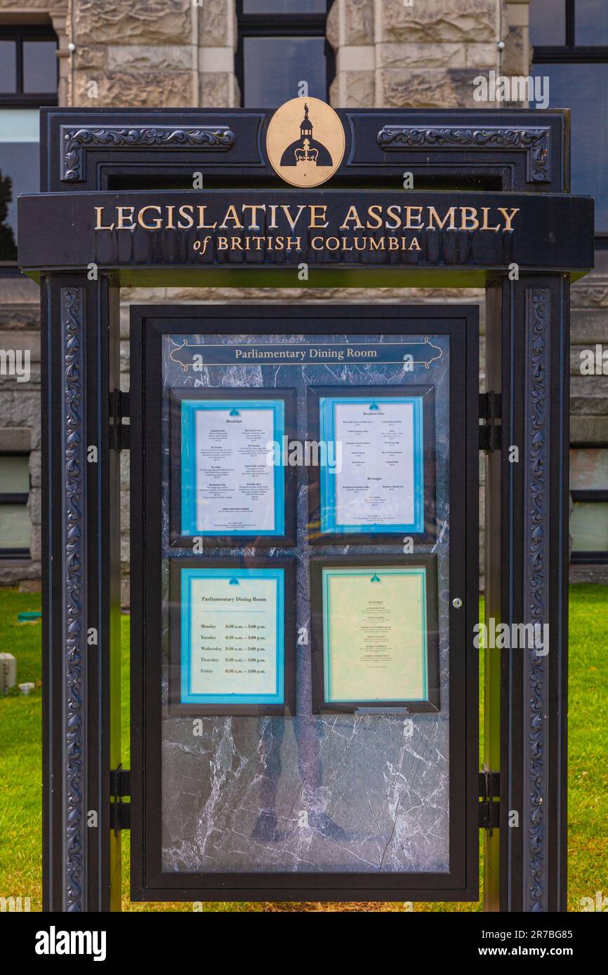 Options de menu pour la salle à manger de l'Assemblée législative de l'édifice du gouvernement provincial à Victoria Colombie-Britannique Canada Banque D'Images