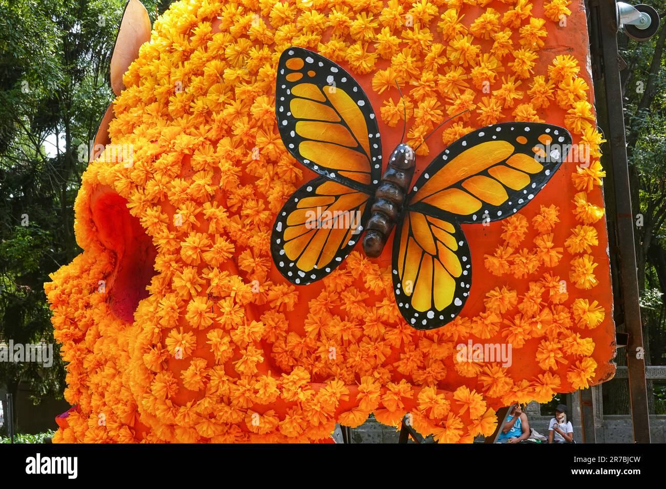 Détail d'un crâne géant recouvert de fleurs Marigold mexicaines et de papillons monarques exposés à l'occasion de la fête du jour des morts au parc de Chapultepec, à 29 octobre 2022, dans la ville de Mexico, au Mexique. Banque D'Images