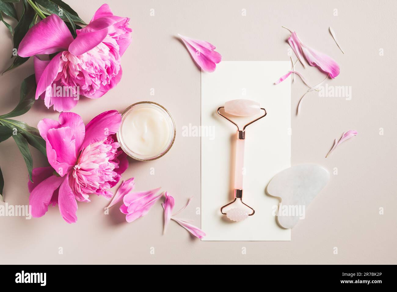 Rouleau et gua sha rose quartz, crème et fleurs de pivoine rose. Concept spa, soins du visage. Banque D'Images