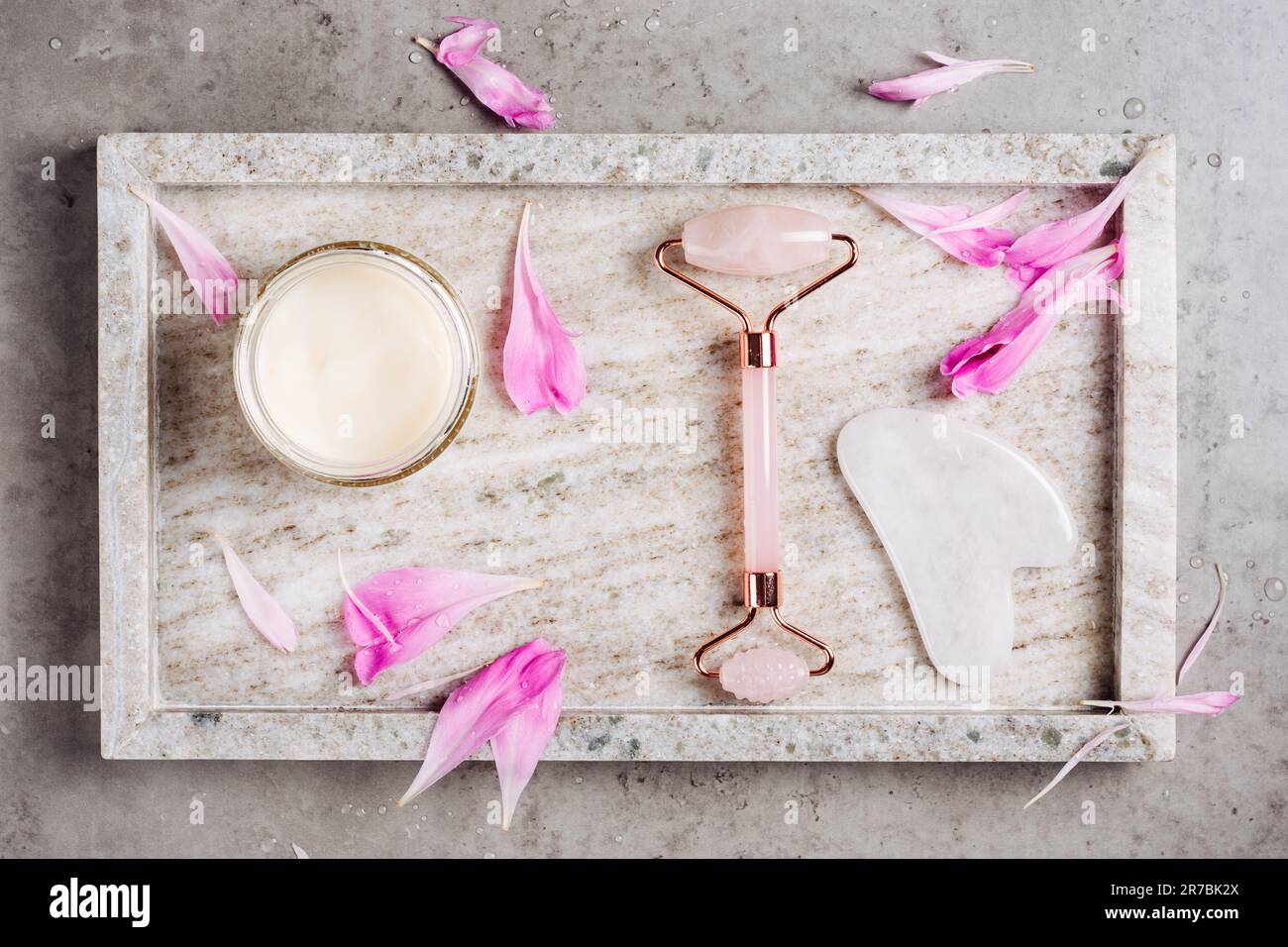Rouleau de quartz rose et de gua sha sur fond de marbre avec pétales de fleur. Concept spa, soin du visage. Banque D'Images