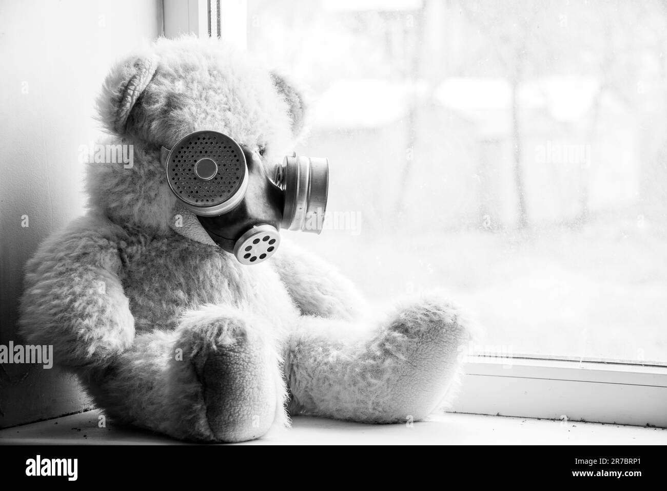 Un ours en peluche est assis sur la fenêtre d'une maison dans un masque à gaz, armes chimiques, guerre, blanc noir Banque D'Images