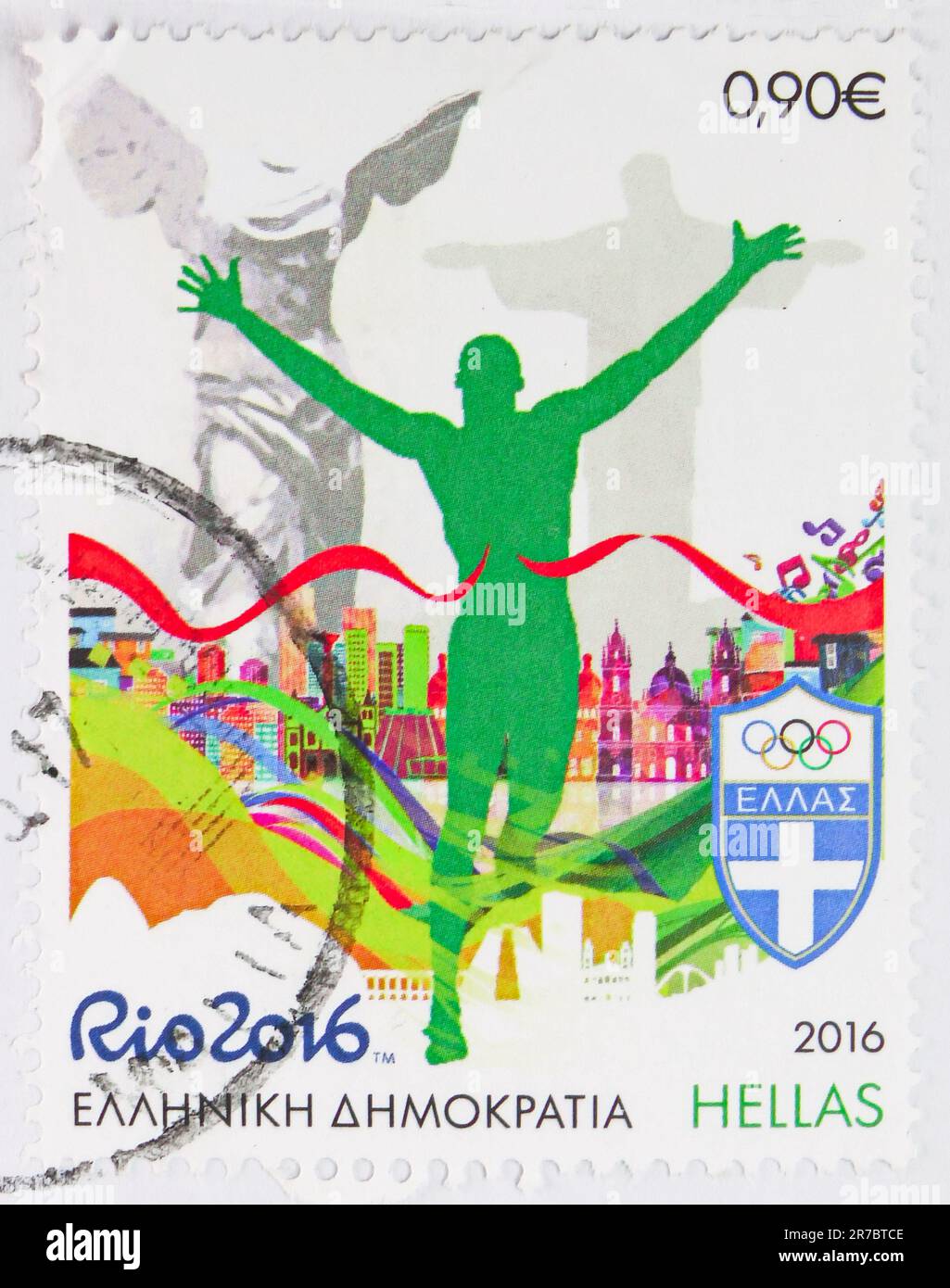 MOSCOU, RUSSIE - JUIN 8 2023 : timbre-poste imprimé en Grèce montre la finition de la traversée des coureurs, Jeux Olympiques d'été 2016 - série Rio de Janeiro, vers 20 Banque D'Images