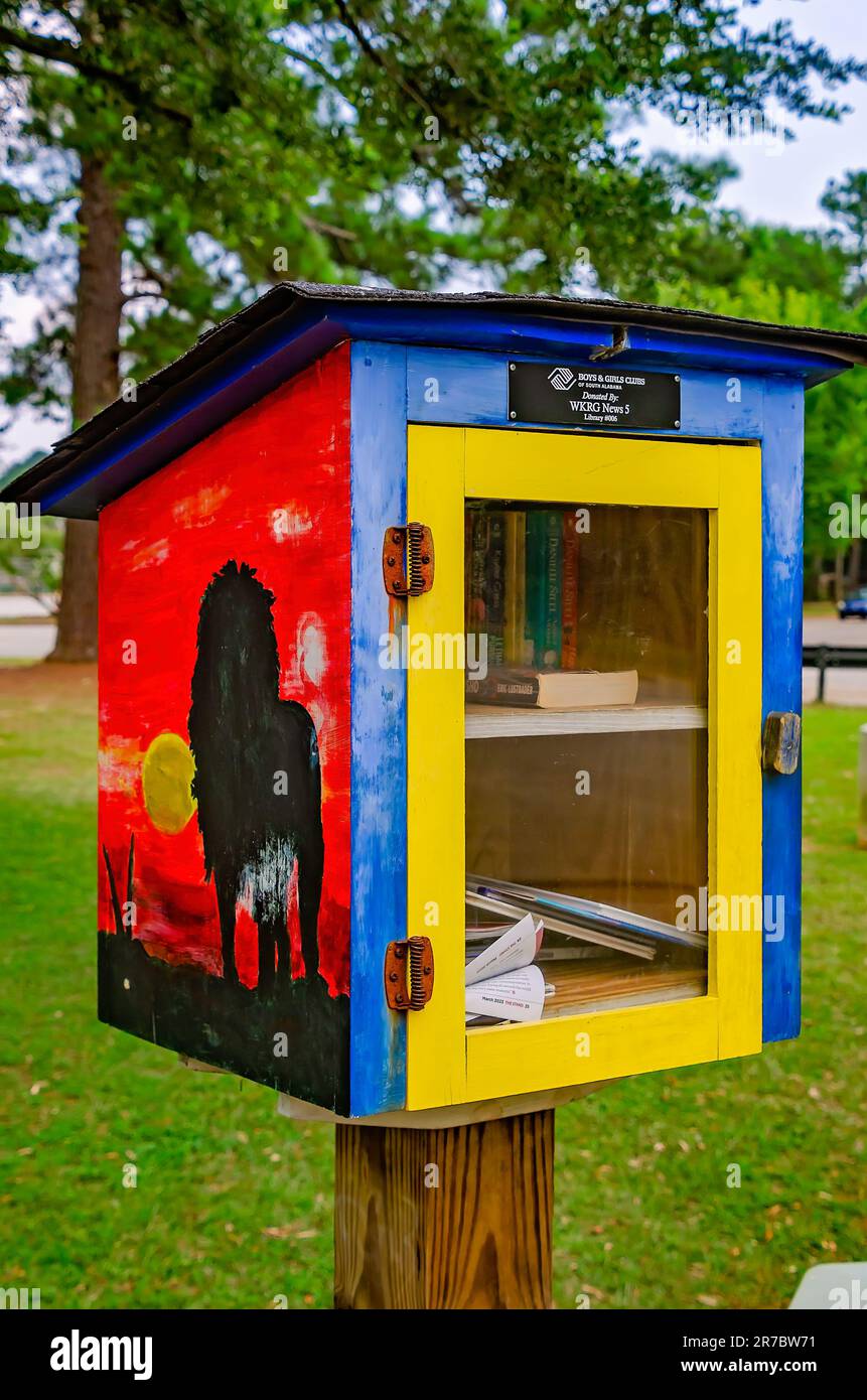 Une petite bibliothèque libre est peinte avec un thème Roi Lion au parc de la Médaille d'honneur, 10 juin 2023, à Mobile, Alabama. Banque D'Images