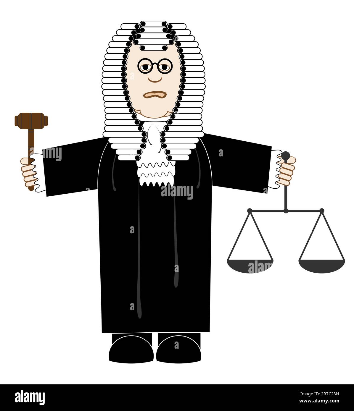 illustration vectorielle bande dessinée juge en robes et une perruque avec un juge gavel et balance de justice dans les mains Illustration de Vecteur