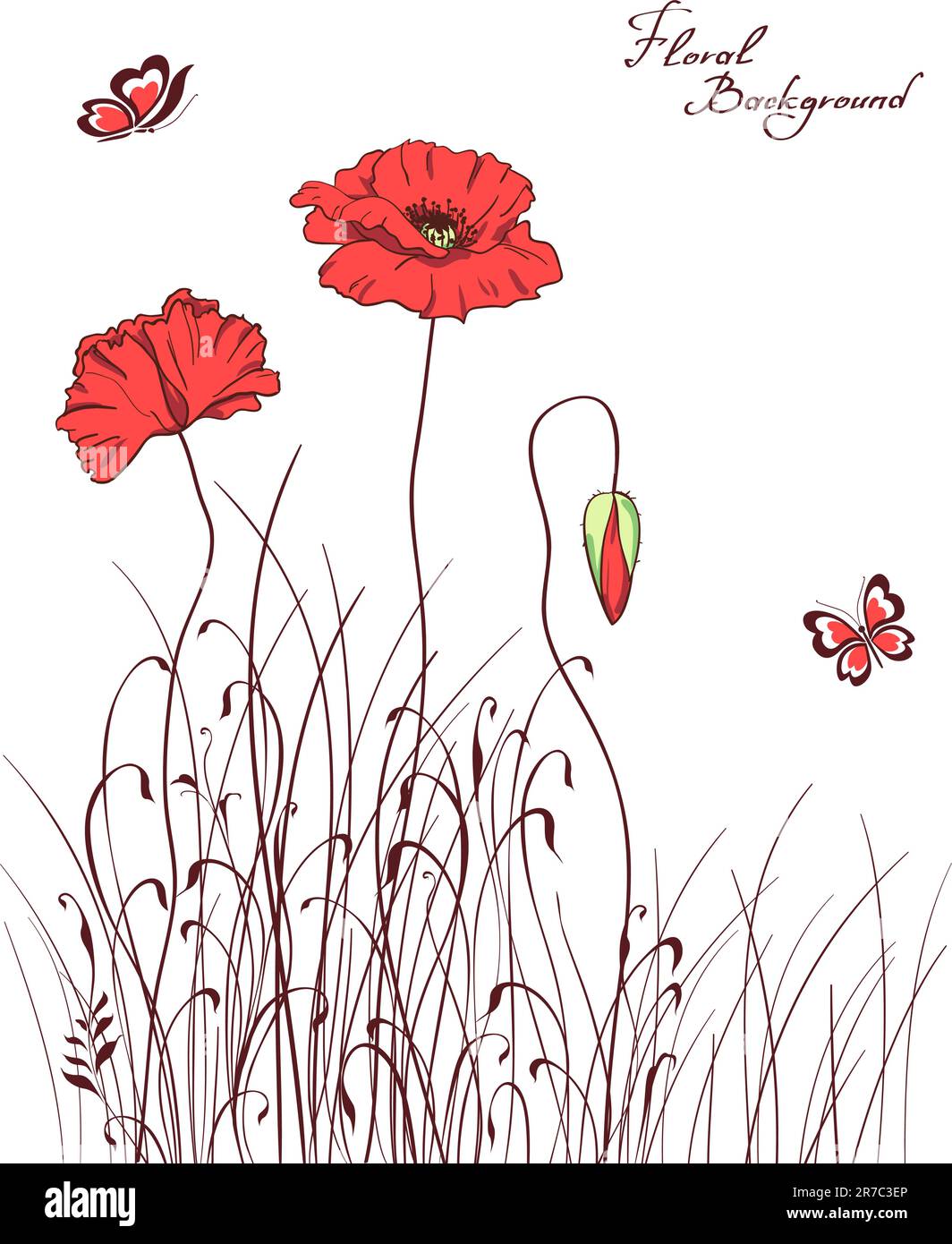 illustration vectorielle d'arrière-plan des silhouettes rouge coquelicot et herbe Illustration de Vecteur