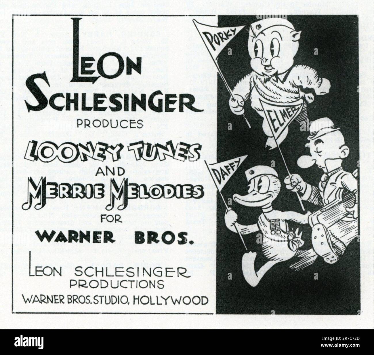 Publicité commerciale pour LEON SCHLESINGER producteur de LOONEY TUNES et MERRIE MÉLODIES Cartoon Short pour WARNER BROS. De l'International Motion Picture Almanac 1938-39 édité par Terry Ramsaye Quigley Publishing Company, New York Banque D'Images