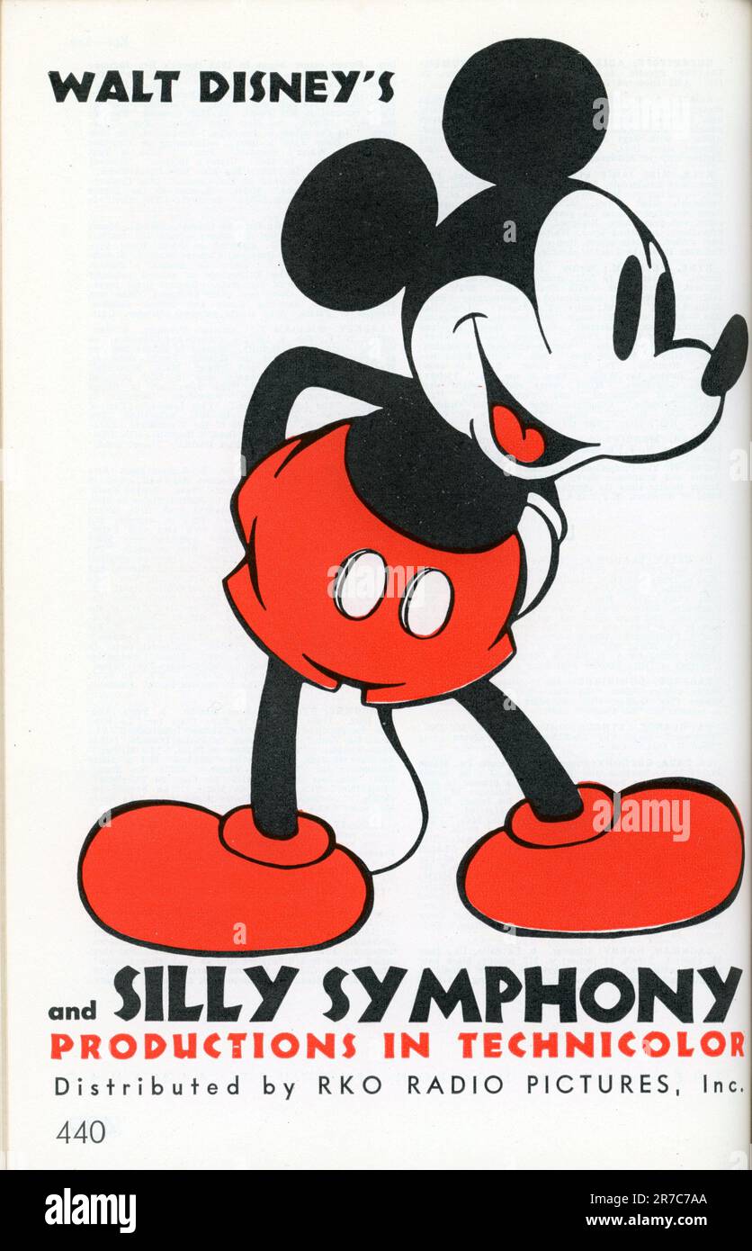 Publicité commerciale pour LES productions MICKEY MOUSE et SILLY SYMPHONY de WALT DISNEY à Technicolor distribué par RKO radio Pictures, Inc. De l'International Motion Picture Almanac 1938-39 édité par Terry Ramsaye Quigley Publishing Company, New York Banque D'Images