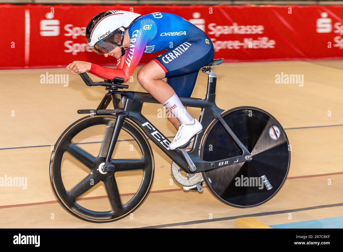 Cottbus, Allemagne. 14th juin 2023. Lea Lin Teutenberg (CERATIZIT-WNT Pro Cycling Team) se place à la troisième place de la course individuelle féminine 3000m aux Championnats allemands de cyclisme sur piste 136th. Credit: Frank Hammerschmidt/dpa/Alay Live News Banque D'Images