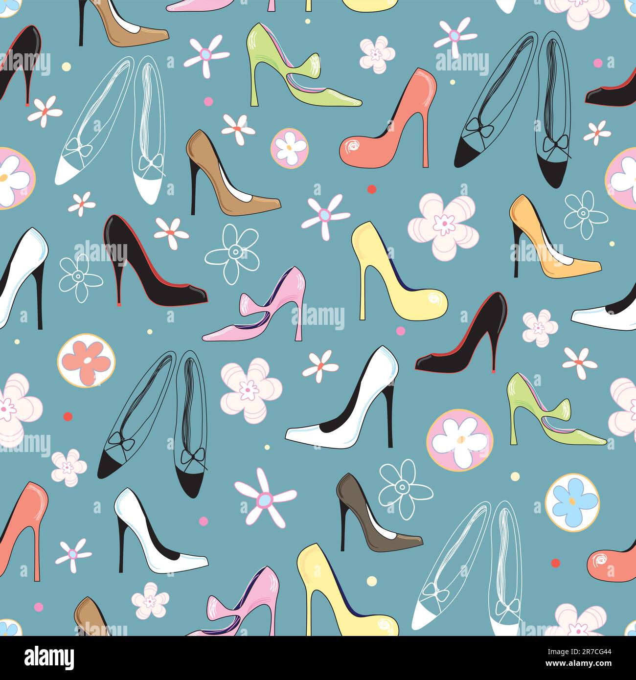 motif sans couture avec des chaussures dynamiques pour femme sur fond gris bleu avec fleurs Illustration de Vecteur