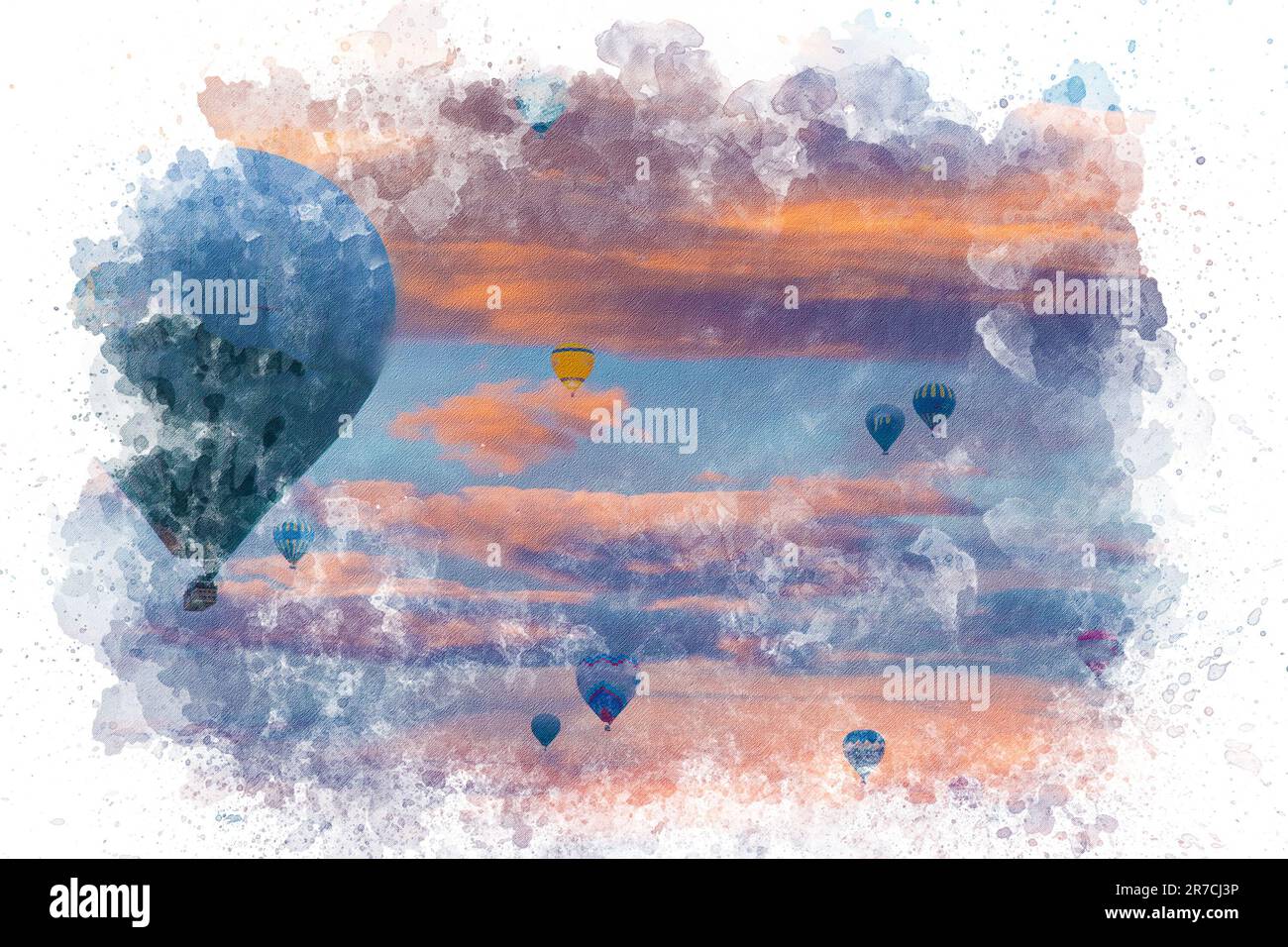 Aquarelle de la Turquie de Cappadoce. Montgolfières volant au-dessus des cheminées de fées en Cappadoce Nevsehir. Banque D'Images