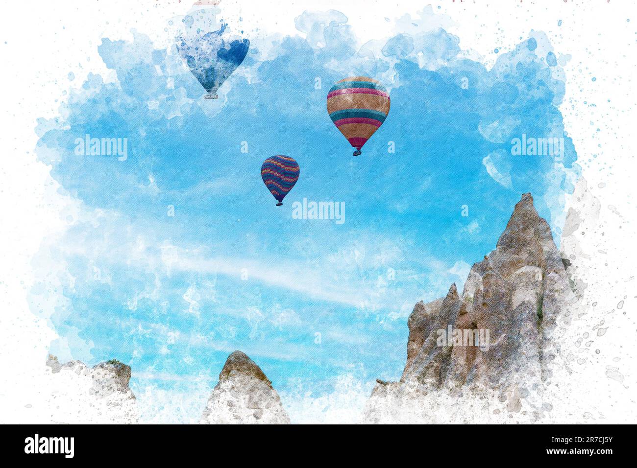 Aquarelle de la Turquie de Cappadoce. Montgolfières volant au-dessus des cheminées de fées en Cappadoce Nevsehir. Banque D'Images