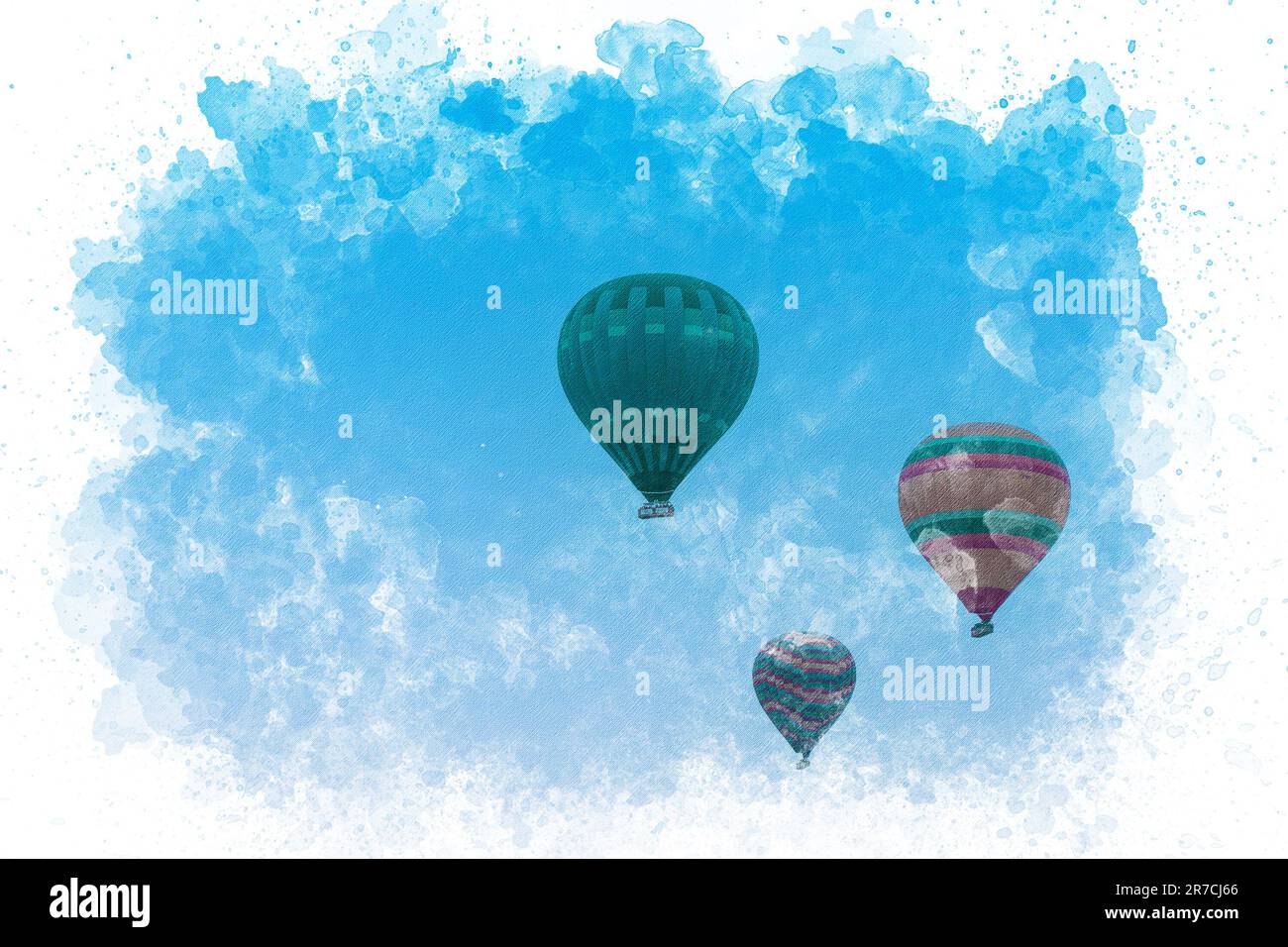 Aquarelle de la Turquie de Cappadoce. Montgolfières volant au-dessus des cheminées de fées en Cappadoce Nevsehir. Banque D'Images