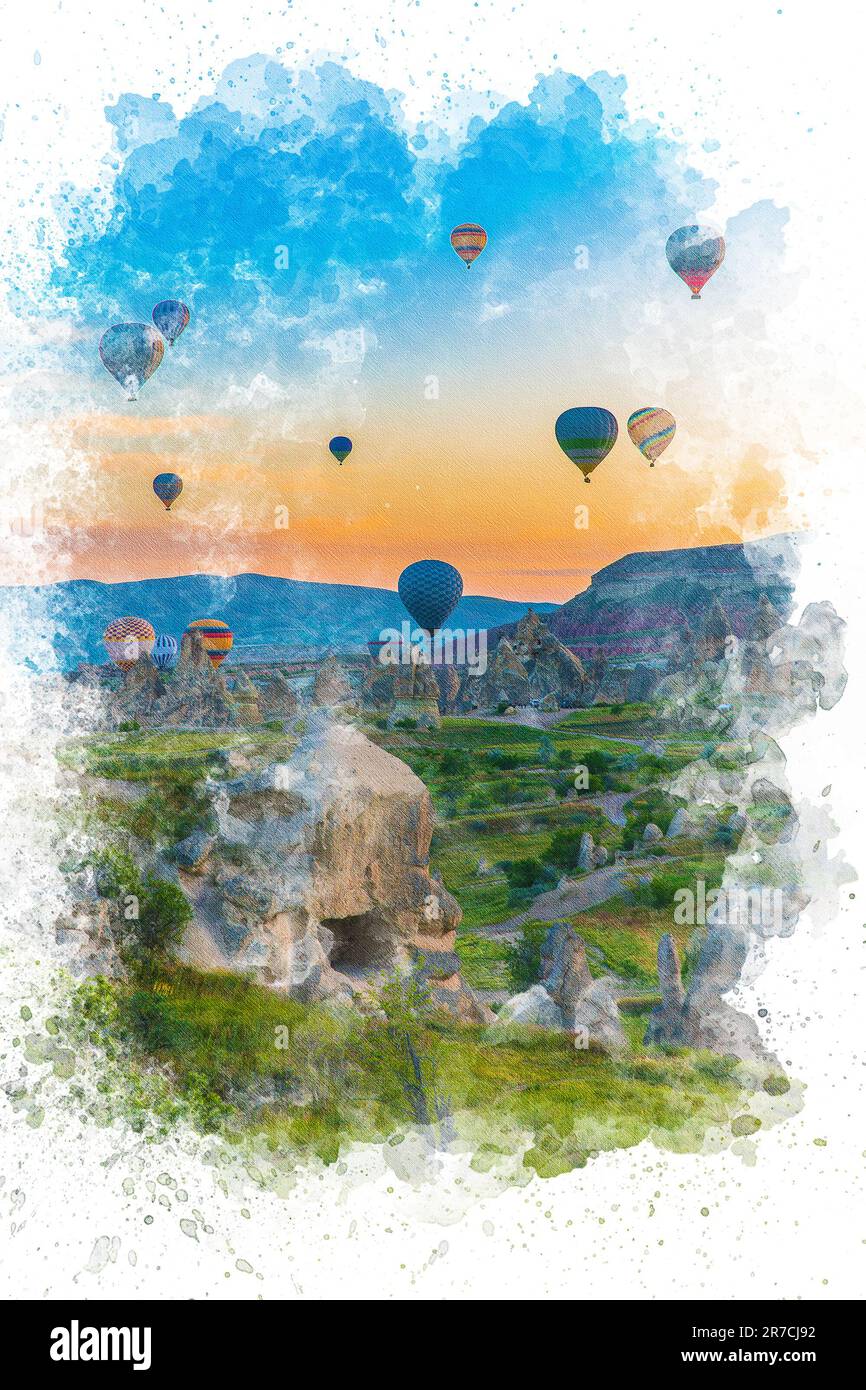 Aquarelle de la Turquie de Cappadoce. Montgolfières volant au-dessus des cheminées de fées en Cappadoce Nevsehir. Banque D'Images