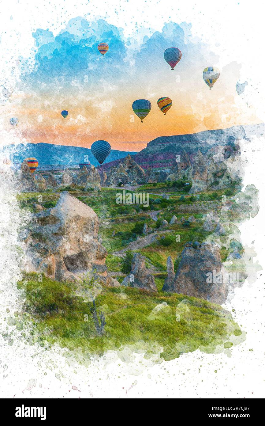 Aquarelle de la Turquie de Cappadoce. Montgolfières volant au-dessus des cheminées de fées en Cappadoce Nevsehir. Banque D'Images
