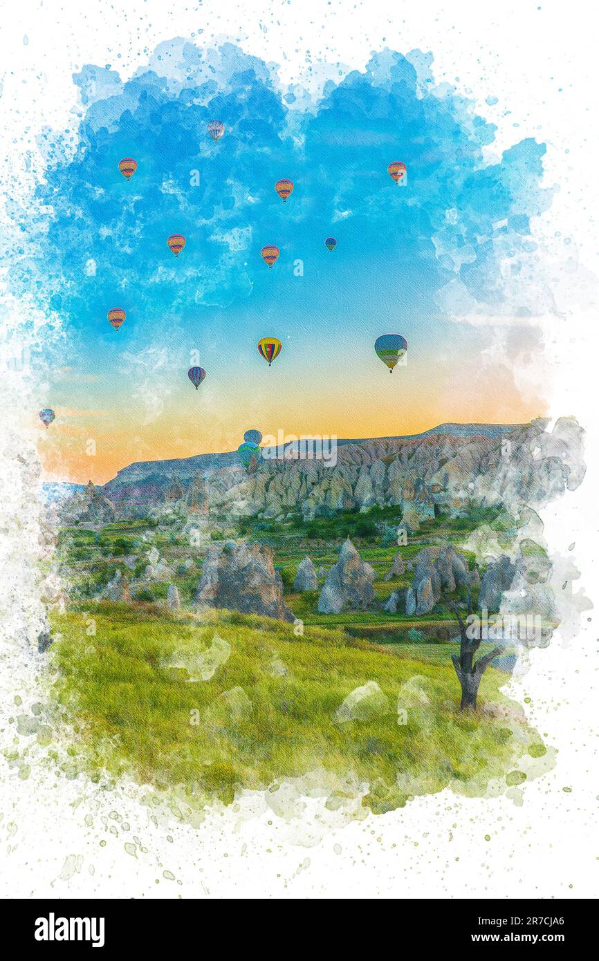 Aquarelle de la Turquie de Cappadoce. Montgolfières volant au-dessus des cheminées de fées en Cappadoce Nevsehir. Banque D'Images