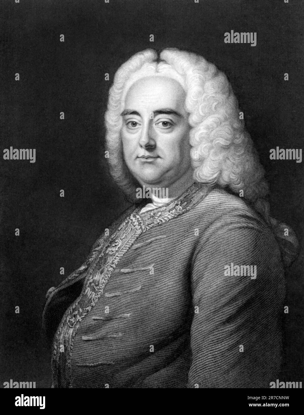 Londres, Angleterre vers 1750 une gravure portrait du compositeur baroque allemand George Frederic Handel. Banque D'Images