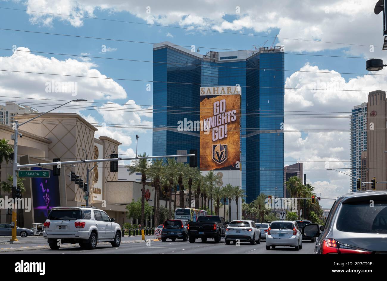 L'équipe de hockey professionnel des chevaliers de Las Vegas remporte la coupe Stanley en publicité Sahara Hotel, Las Vegas, Nevada Banque D'Images