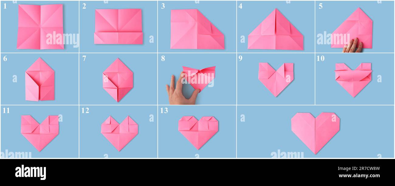Art origami Fabrication de papier rose coeur étape par étape, collage de photos sur fond bleu clair Banque D'Images
