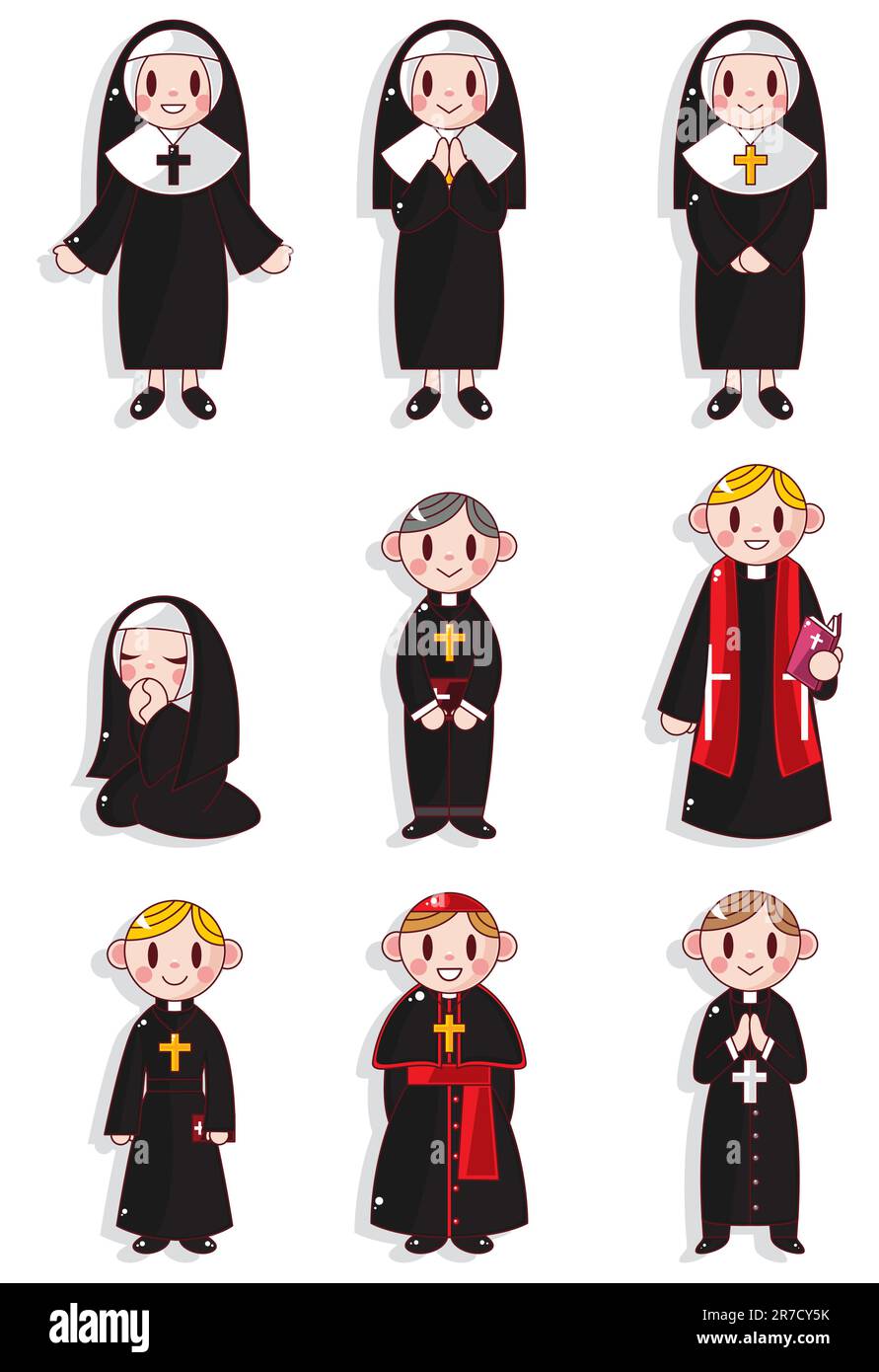 Jeu d'icônes de cartoon Priest et nun Illustration de Vecteur