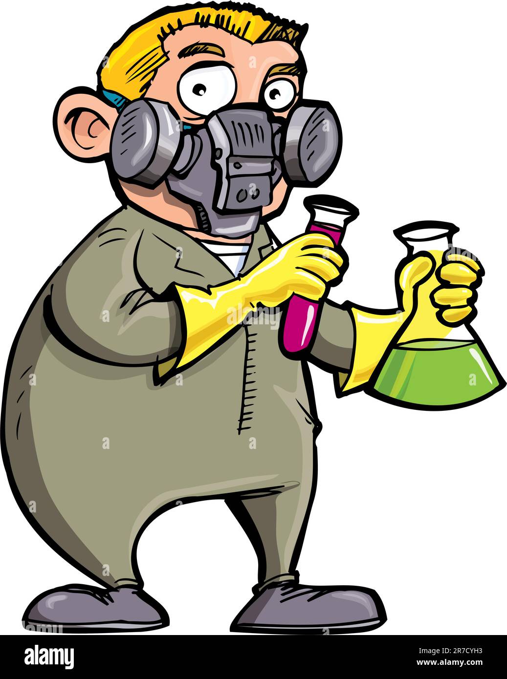 Caricature scientifique expérimentant des produits chimiques. Isolé sur blanc Illustration de Vecteur